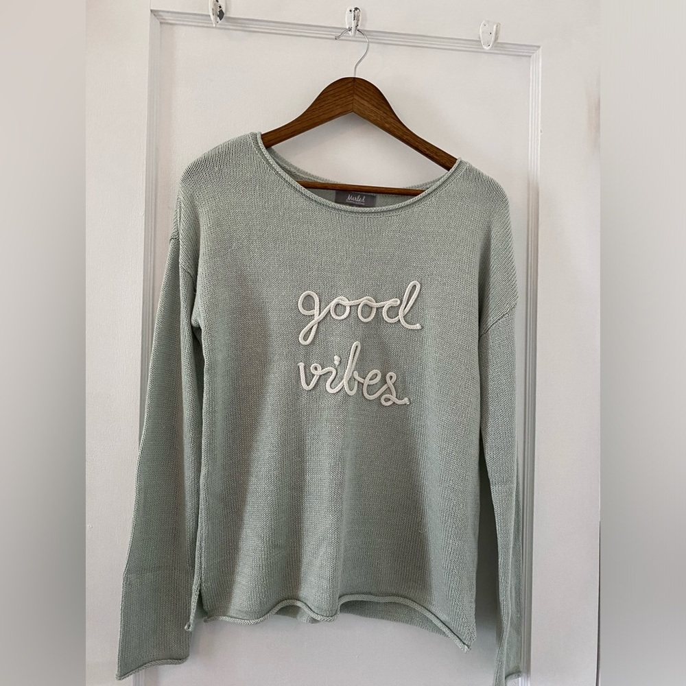Marled Green Crew Neck Sweater Good Vibes